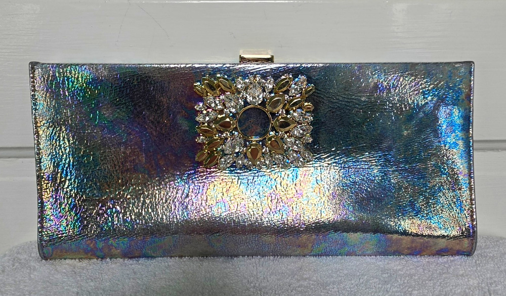 Roger Vivier Pilgrim Bolte De Nuit Iridescent Metallic Clutch Crystals w/COA
